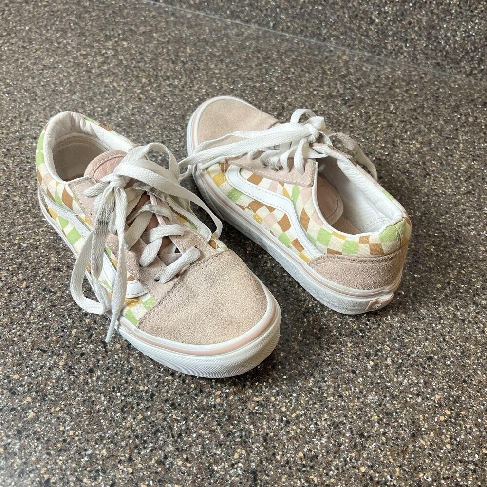 Vans Ols Skool Little Girls Sz 1 Pink Check Suede/Canvas Sneaker Lace Up Low Top